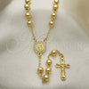 Rosario Mediano 09.213.0038.26 Oro Laminado, Diseño de Guadalupe y Crucifijo, con Blanca Cristal, Pulido, Tono Dorado