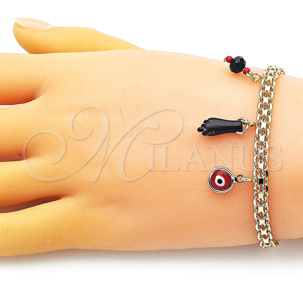 Pulsera de Dije 03.213.0215.08 Oro Laminado, Diseño de Mano de Figa y Ojo Griego, con Negro and Granate Cristal, Esmaltado Rojo, Tono Dorado (05 MM Thickness, 8 Inches Length)
