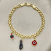 Pulsera de Dije 03.213.0215.08 Oro Laminado, Diseño de Mano de Figa y Ojo Griego, con Negro and Granate Cristal, Esmaltado Rojo, Tono Dorado (05 MM Thickness, 8 Inches Length)