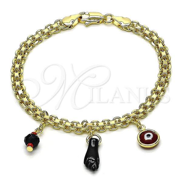 Pulsera de Dije 03.213.0215.08 Oro Laminado, Diseño de Mano de Figa y Ojo Griego, con Negro and Granate Cristal, Esmaltado Rojo, Tono Dorado (05 MM Thickness, 8 Inches Length)
