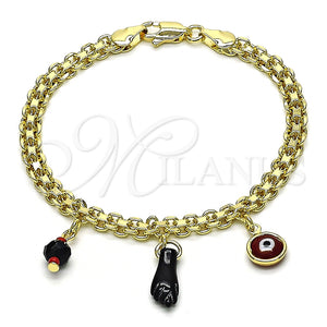 Pulsera de Dije 03.213.0215.08 Oro Laminado, Diseño de Mano de Figa y Ojo Griego, con Negro and Granate Cristal, Esmaltado Rojo, Tono Dorado (05 MM Thickness, 8 Inches Length)