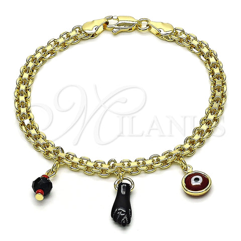 Pulsera de Dije 03.213.0215.08 Oro Laminado, Diseño de Mano de Figa y Ojo Griego, con Negro and Granate Cristal, Esmaltado Rojo, Tono Dorado (05 MM Thickness, 8 Inches Length)