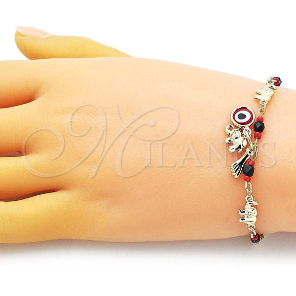 Pulsera de Dije 03.213.0216.07 Oro Laminado, Diseño de Elefante y Ojo Griego, con Granate Cristal, Pulido, Tono Dorado (07 MM Thickness, 7 Inches Length)
