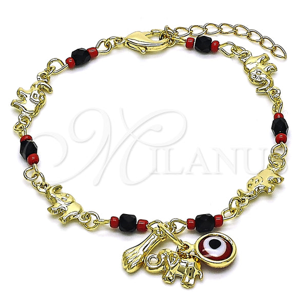 Pulsera de Dije 03.213.0216.07 Oro Laminado, Diseño de Elefante y Ojo Griego, con Granate Cristal, Pulido, Tono Dorado (07 MM Thickness, 7 Inches Length)