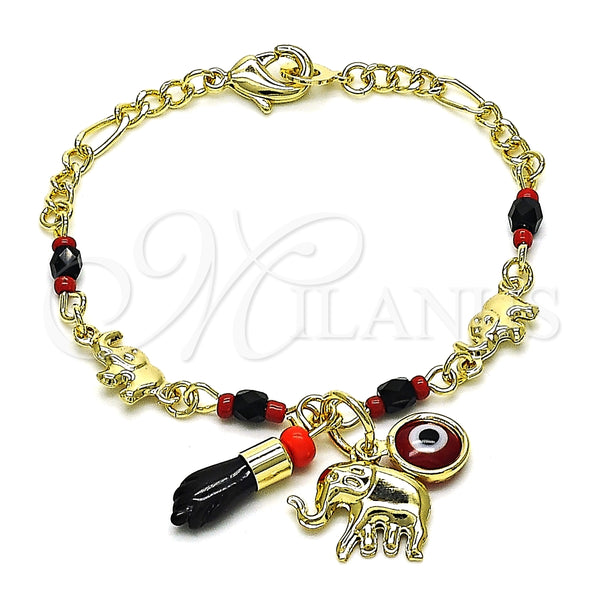 Pulsera de Dije 03.213.0217.06 Oro Laminado, Diseño de Elefante y Ojo Griego, con Granate Cristal, Pulido, Tono Dorado (03 MM Thickness, 6 Inches Length)