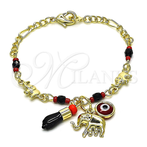 Pulsera de Dije 03.213.0217.06 Oro Laminado, Diseño de Elefante y Ojo Griego, con Granate Cristal, Pulido, Tono Dorado (03 MM Thickness, 6 Inches Length)