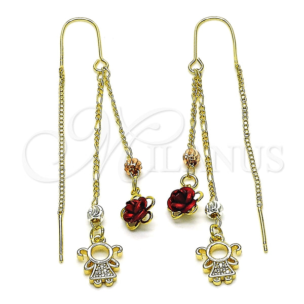 Arete Violador 02.253.0078 Oro Laminado, Diseño de Niñita Pequeña y Flor, con Blanca Micro Pave, Pulido, Tres Tonos