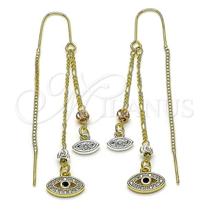 Arete Violador 02.253.0080 Oro Laminado, Diseño de Ojo Griego, con Blanca Micro Pave and Negro Zirconia Cubica, Pulido, Tres Tonos