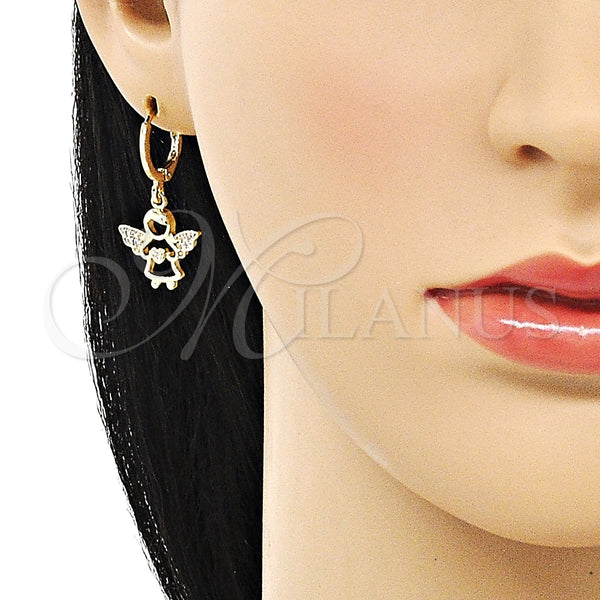 Arete Colgante 02.253.0084 Oro Laminado, Diseño de Angel y Corazón, con Blanca Micro Pave, Pulido, Tono Dorado