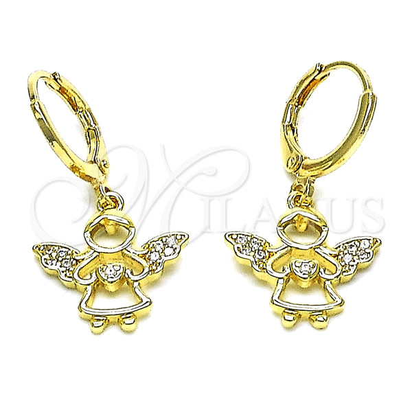 Arete Colgante 02.253.0084 Oro Laminado, Diseño de Angel y Corazón, con Blanca Micro Pave, Pulido, Tono Dorado