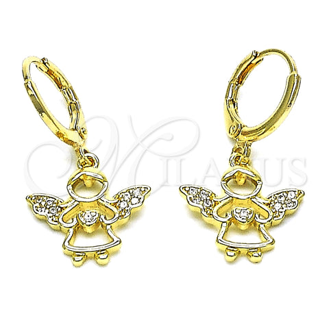 Arete Colgante 02.253.0084 Oro Laminado, Diseño de Angel y Corazón, con Blanca Micro Pave, Pulido, Tono Dorado