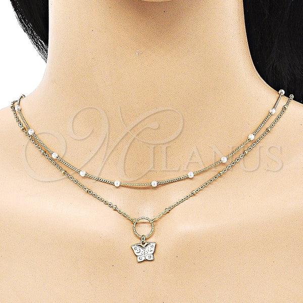 Gargantilla Elegante 04.213.0288.16 Oro Laminado, Diseño de Mariposa y Luna, con Blanca Micro Pave and Marfil Perla, Esmaltado Blanco, Tono Dorado (01 MM Thickness, 16 Inches Length)