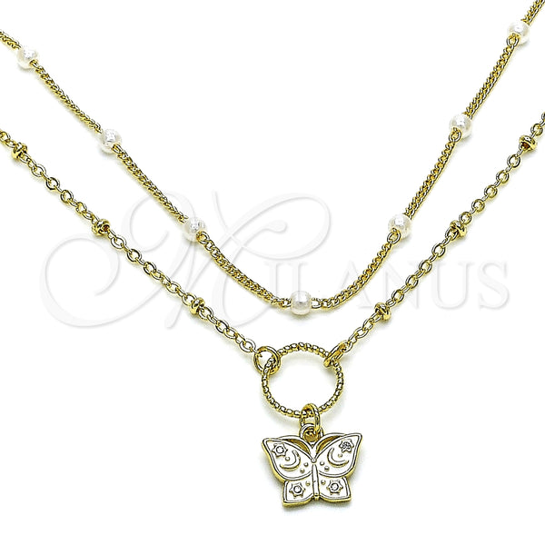 Gargantilla Elegante 04.213.0288.16 Oro Laminado, Diseño de Mariposa y Luna, con Blanca Micro Pave and Marfil Perla, Esmaltado Blanco, Tono Dorado (01 MM Thickness, 16 Inches Length)