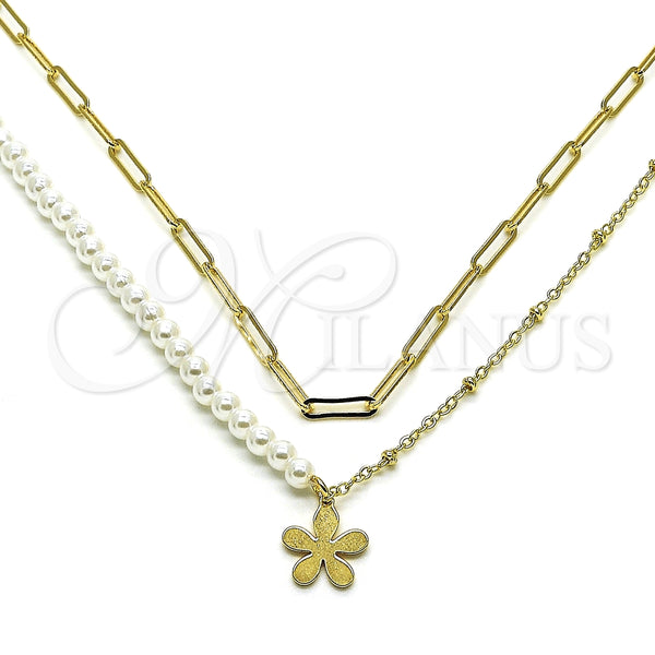 Gargantilla Elegante 04.213.0290.16 Oro Laminado, Diseño de Flor y Paperclip, con Marfil Perla, Pulido, Tono Dorado (03 MM Thickness, 16 Inches Length)