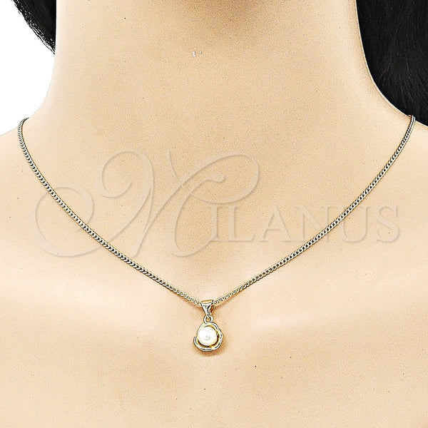 Juego de Arete y Dije de Adulto 10.156.0467 Oro Laminado, Diseño de Flor, con Marfil Perla, Pulido, Tono Dorado