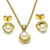 Juego de Arete y Dije de Adulto 10.156.0467 Oro Laminado, Diseño de Flor, con Marfil Perla, Pulido, Tono Dorado