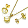 Juego de Arete y Dije de Adulto 10.156.0467 Oro Laminado, Diseño de Flor, con Marfil Perla, Pulido, Tono Dorado