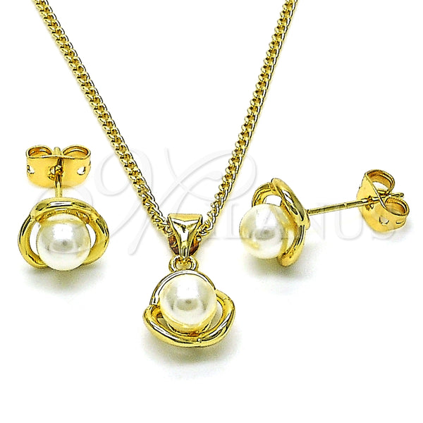 Juego de Arete y Dije de Adulto 10.156.0467 Oro Laminado, Diseño de Flor, con Marfil Perla, Pulido, Tono Dorado