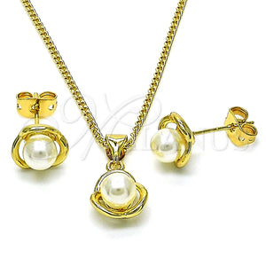 Juego de Arete y Dije de Adulto 10.156.0467 Oro Laminado, Diseño de Flor, con Marfil Perla, Pulido, Tono Dorado