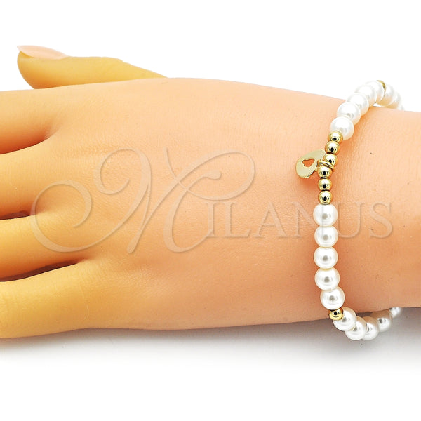 Pulsera Elegante 03.405.0014.07 Oro Laminado, Diseño de Corazón y Bola, con Marfil Perla, Pulido, Tono Dorado (06 MM Thickness, 7 Inches Length)