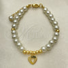 Pulsera Elegante 03.405.0014.07 Oro Laminado, Diseño de Corazón y Bola, con Marfil Perla, Pulido, Tono Dorado (06 MM Thickness, 7 Inches Length)