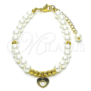 Pulsera Elegante 03.405.0014.07 Oro Laminado, Diseño de Corazón y Bola, con Marfil Perla, Pulido, Tono Dorado (06 MM Thickness, 7 Inches Length)