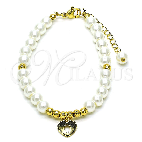 Pulsera Elegante 03.405.0014.07 Oro Laminado, Diseño de Corazón y Bola, con Marfil Perla, Pulido, Tono Dorado (06 MM Thickness, 7 Inches Length)