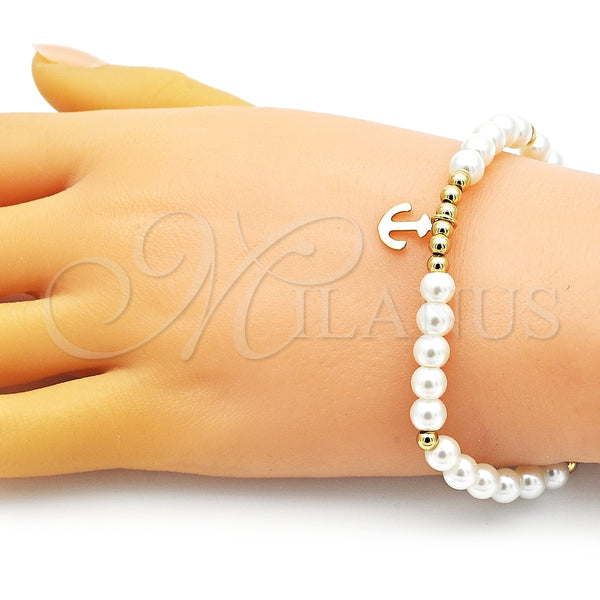 Pulsera Elegante 03.405.0015.07 Oro Laminado, Diseño de Ancla y Bola, con Marfil Perla, Pulido, Tono Dorado (06 MM Thickness, 7 Inches Length)