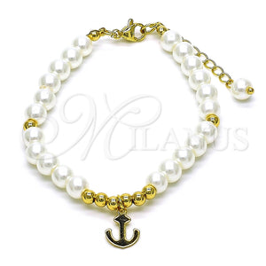 Pulsera Elegante 03.405.0015.07 Oro Laminado, Diseño de Ancla y Bola, con Marfil Perla, Pulido, Tono Dorado (06 MM Thickness, 7 Inches Length)
