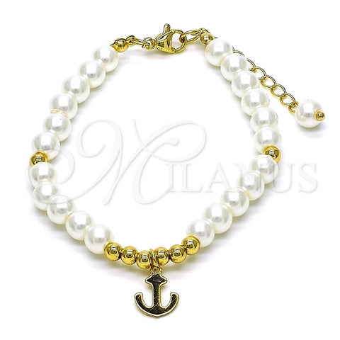 Pulsera Elegante 03.405.0015.07 Oro Laminado, Diseño de Ancla y Bola, con Marfil Perla, Pulido, Tono Dorado (06 MM Thickness, 7 Inches Length)