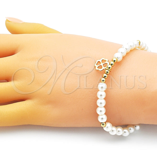 Pulsera Elegante 03.405.0016.07 Oro Laminado, Diseño de Trébol de Cuatro Hojas y Bola, con Marfil Perla, Pulido, Tono Dorado (06 MM Thickness, 7 Inches Length)