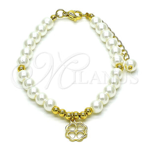 Pulsera Elegante 03.405.0016.07 Oro Laminado, Diseño de Trébol de Cuatro Hojas y Bola, con Marfil Perla, Pulido, Tono Dorado (06 MM Thickness, 7 Inches Length)