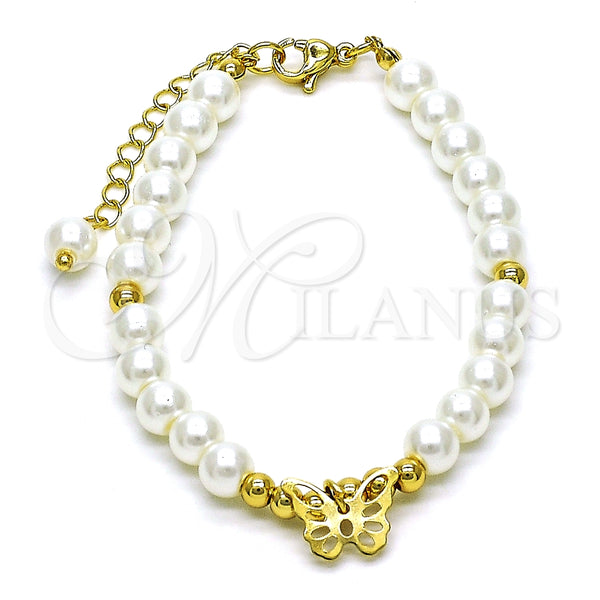 Pulsera Elegante 03.405.0017.07 Oro Laminado, Diseño de Mariposa y Bola, con Marfil Perla, Pulido, Tono Dorado (06 MM Thickness, 7 Inches Length)