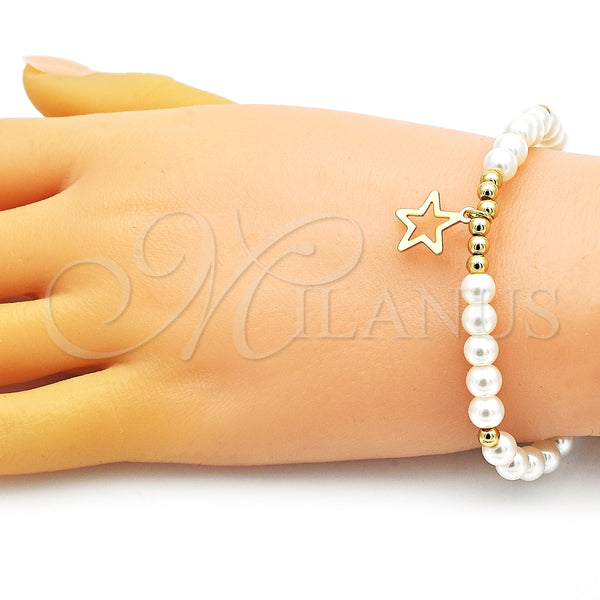 Pulsera Elegante 03.405.0018.07 Oro Laminado, Diseño de Estrella y Bola, con Marfil Perla, Pulido, Tono Dorado (06 MM Thickness, 7 Inches Length)