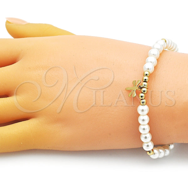 Pulsera Elegante 03.405.0019.07 Oro Laminado, Diseño de Libélula y Bola, con Marfil Perla, Pulido, Tono Dorado (06 MM Thickness, 7 Inches Length)