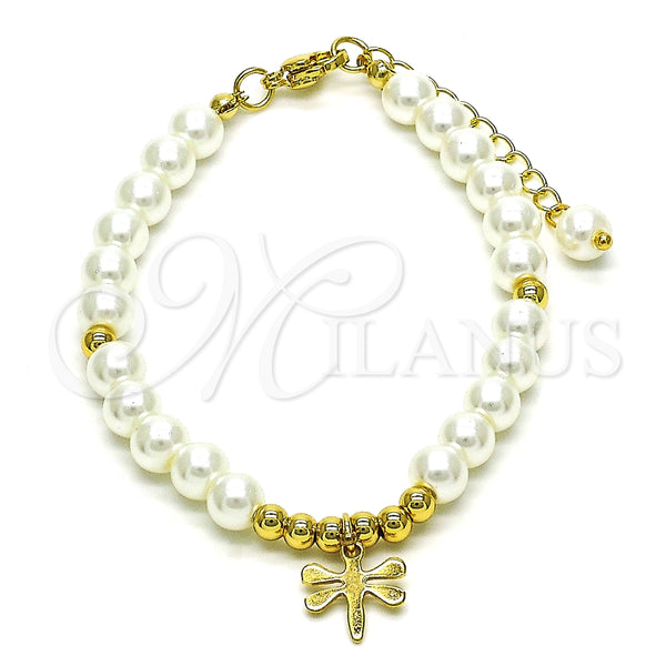 Pulsera Elegante 03.405.0019.07 Oro Laminado, Diseño de Libélula y Bola, con Marfil Perla, Pulido, Tono Dorado (06 MM Thickness, 7 Inches Length)