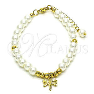 Pulsera Elegante 03.405.0019.07 Oro Laminado, Diseño de Libélula y Bola, con Marfil Perla, Pulido, Tono Dorado (06 MM Thickness, 7 Inches Length)