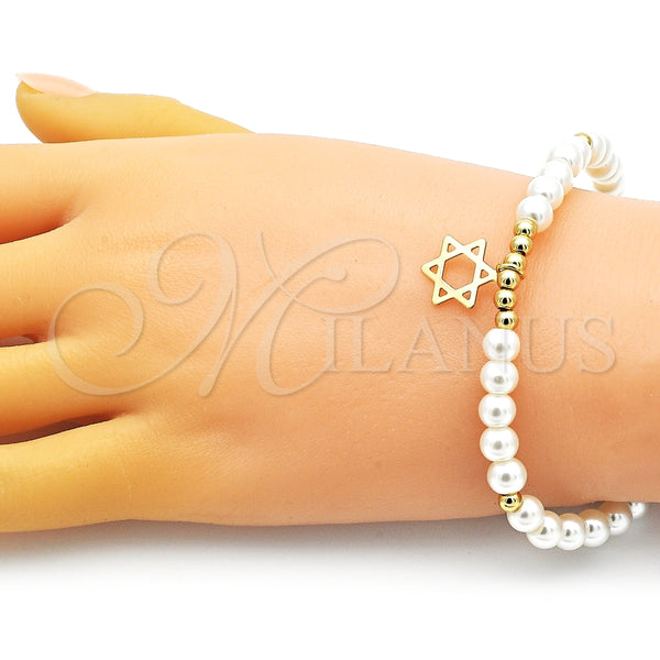Pulsera Elegante 03.405.0020.07 Oro Laminado, Diseño de Estrella de Davi y Bola, con Marfil Perla, Pulido, Tono Dorado (06 MM Thickness, 7 Inches Length)