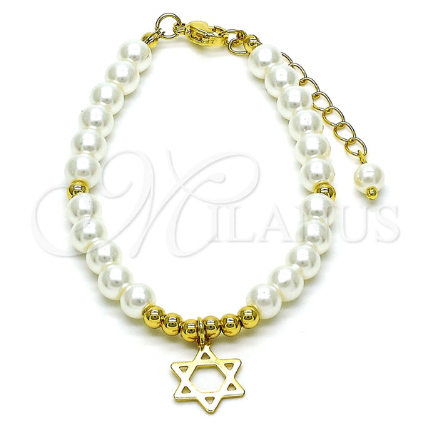 Pulsera Elegante 03.405.0020.07 Oro Laminado, Diseño de Estrella de Davi y Bola, con Marfil Perla, Pulido, Tono Dorado (06 MM Thickness, 7 Inches Length)