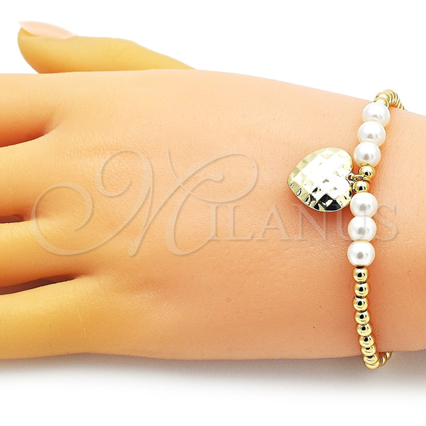 Pulsera Elegante 03.405.0022.07 Oro Laminado, Diseño de Bead Expandible y Corazón, con Marfil Perla, Pulido, Tono Dorado (04 MM Thickness, 7 Inches Length)
