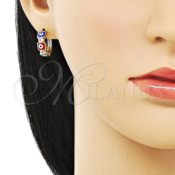 Argolla Huggie 02.213.0192.3.15 Oro Laminado, Diseño de Ojo Griego, con Blanca Zirconia Cubica, Esmaltado Multicolor, Tono Dorado