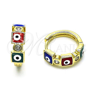 Argolla Huggie 02.213.0192.3.15 Oro Laminado, Diseño de Ojo Griego, con Blanca Zirconia Cubica, Esmaltado Multicolor, Tono Dorado