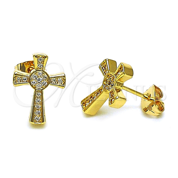 Arete Dormilona 02.342.0252 Oro Laminado, Diseño de Cruz, con Blanca Micro Pave, Pulido, Tono Dorado