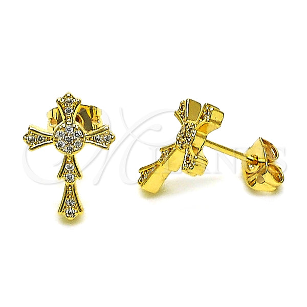 Arete Dormilona 02.342.0256 Oro Laminado, Diseño de Cruz, con Blanca Micro Pave, Pulido, Tono Dorado