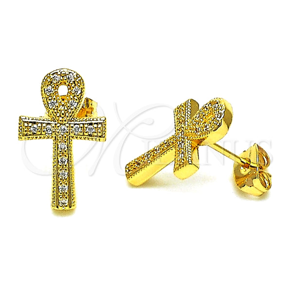 Arete Dormilona 02.342.0257 Oro Laminado, Diseño de Cruz, con Blanca Micro Pave, Pulido, Tono Dorado