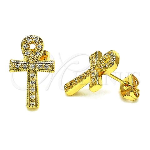 Arete Dormilona 02.342.0257 Oro Laminado, Diseño de Cruz, con Blanca Micro Pave, Pulido, Tono Dorado