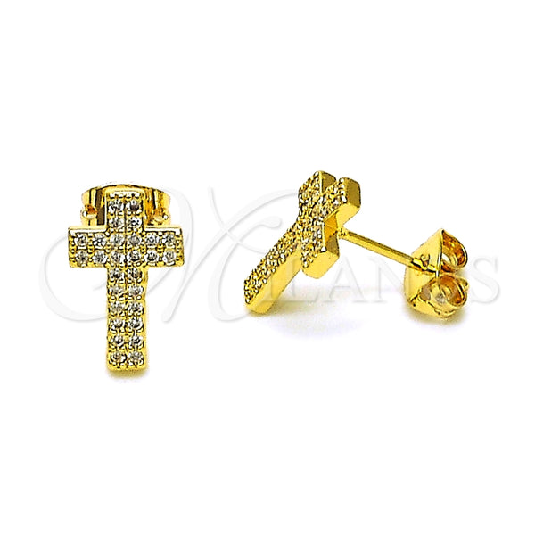 Arete Dormilona 02.342.0258 Oro Laminado, Diseño de Cruz, con Blanca Micro Pave, Pulido, Tono Dorado