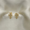 Arete Dormilona 02.342.0259 Oro Laminado, Diseño de Cruz, con Blanca Micro Pave, Pulido, Tono Dorado