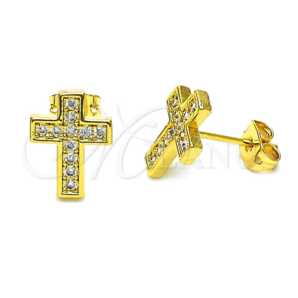 Arete Dormilona 02.342.0259 Oro Laminado, Diseño de Cruz, con Blanca Micro Pave, Pulido, Tono Dorado