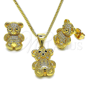 Juego de Arete y Dije de Adulto 10.342.0111 Oro Laminado, Diseño de Osito, con Blanca and Negro Micro Pave, Pulido, Tono Dorado